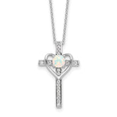 Sterling Silver RH-plated Created Opal and CZ Cross With Heart 18in Necklace